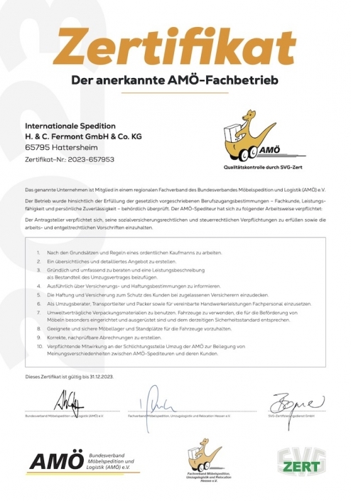 Ein AMOE zertifiziertes Unternehmen, Fermont Umzüge gewerblich oder privat, in Frankfurt und weltweit