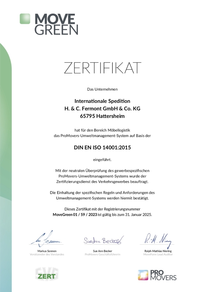 Ein für sein Umweltmanagement zertifiziertes Unternehmen, Fermont Umzüge gewerblich oder privat, in Frankfurt und weltweit