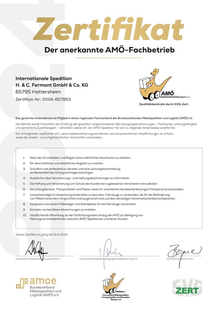 Fermont Umzug, Lagerung und Logistik, zertifiziert als AMÖ-Fachbetrieb