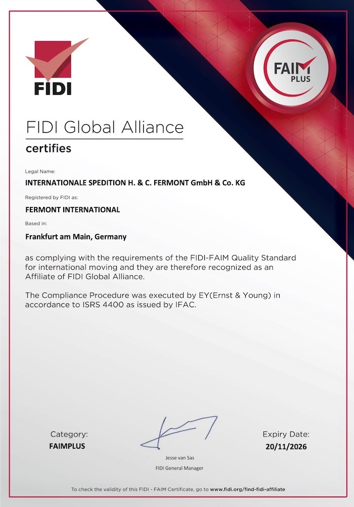 Fermont Umzug, Lagerung und Logistik, certified by FIDI